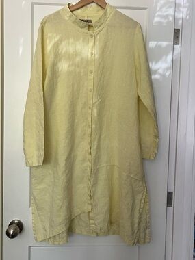 FLAX 100% Linen Butter Yellow Oversized Lagenlook  Asymmetrical Hem Midi Dress S